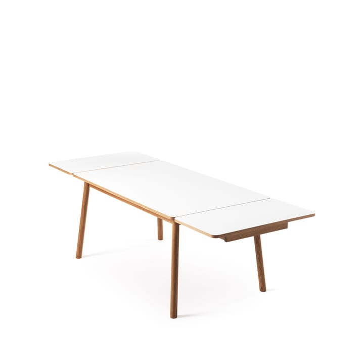 Table à manger avec extension Dino+ - blanc, structure en chêne, 2 rallonges supplémentaires - Zweed